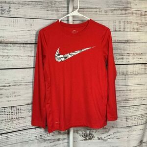 Kids Red Nike Dri Fit Long Sleeve Athletic‎ Shirt Camo Swoosh Size L